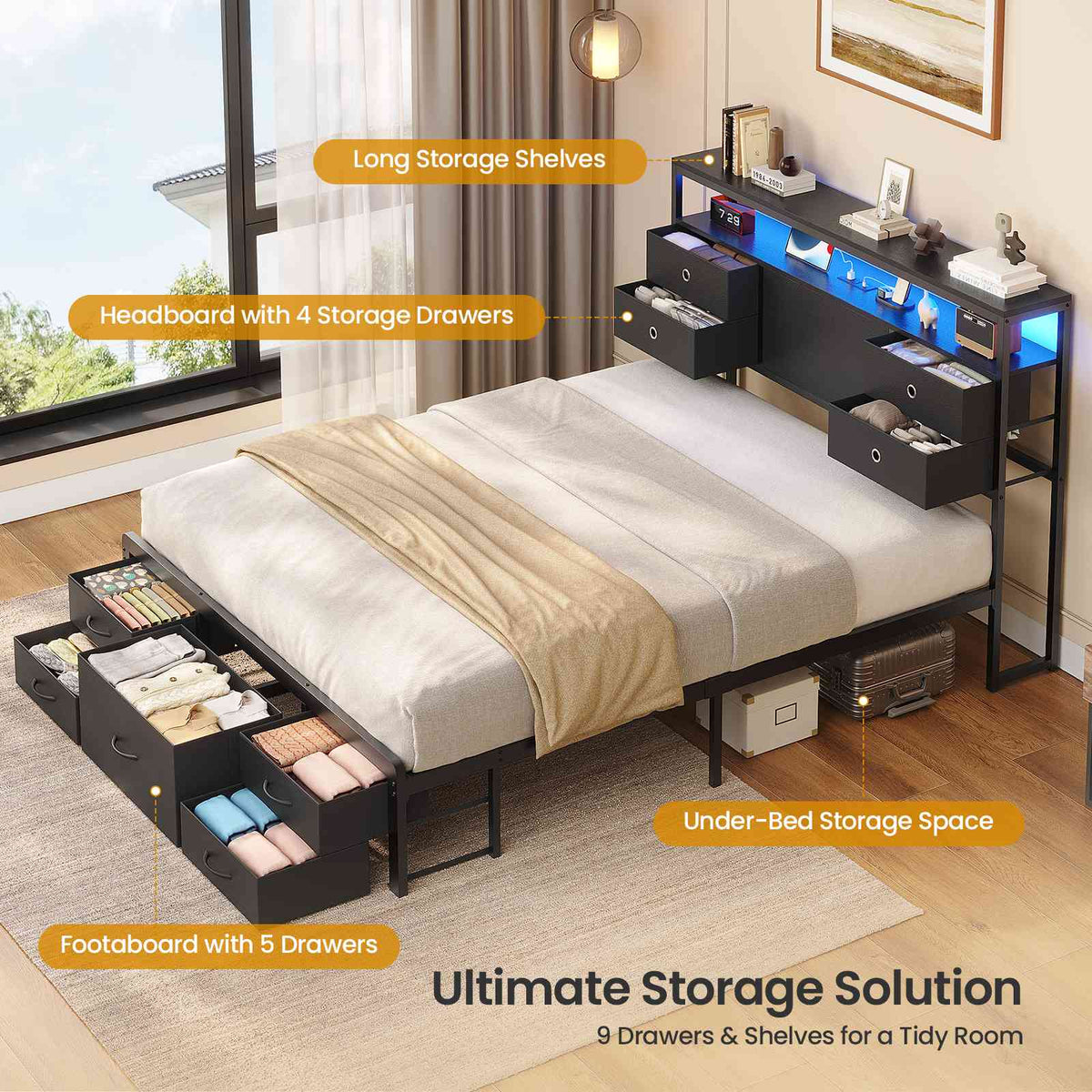 ADORNEVE | Queen Bed Frame with Charging Station and 9 Storage Drawers Metal Platform Storage Bed with 2-Tiers Storage Headboard and LED Lights