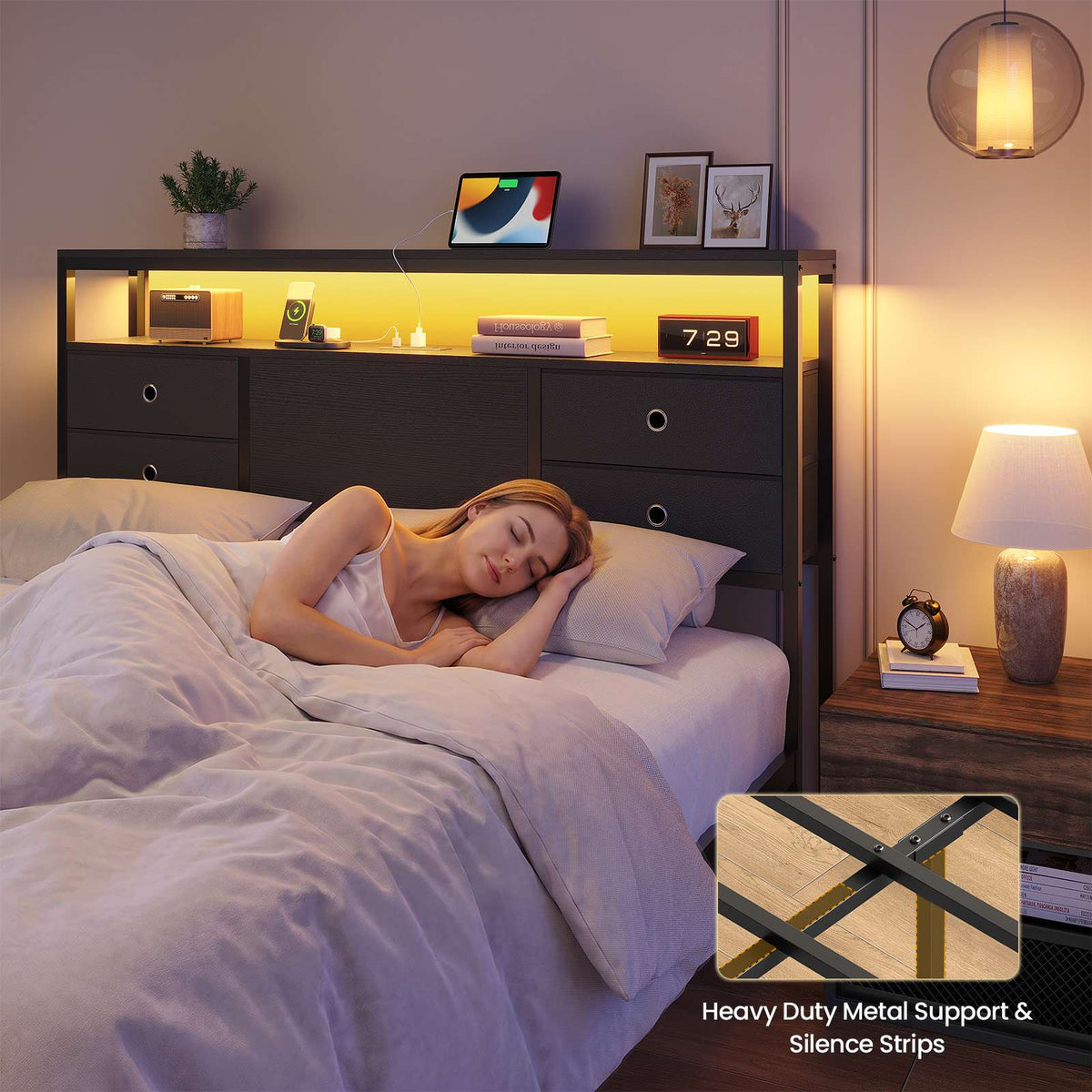 ADORNEVE | Queen Bed Frame with Charging Station and 9 Storage Drawers Metal Platform Storage Bed with 2-Tiers Storage Headboard and LED Lights
