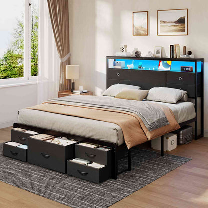 ADORNEVE | Queen Bed Frame with Charging Station and 9 Storage Drawers Metal Platform Storage Bed with 2-Tiers Storage Headboard and LED Lights