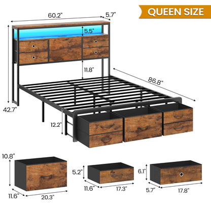 ADORNEVE | Queen Bed Frame with Charging Station and 9 Storage Drawers Metal Platform Storage Bed with 2-Tiers Storage Headboard and LED Lights