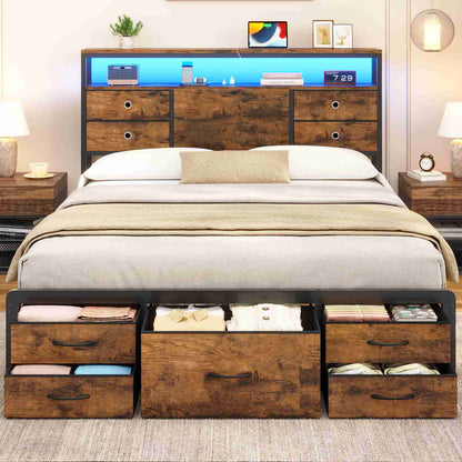 ADORNEVE | Queen Bed Frame with Charging Station and 9 Storage Drawers Metal Platform Storage Bed with 2-Tiers Storage Headboard and LED Lights
