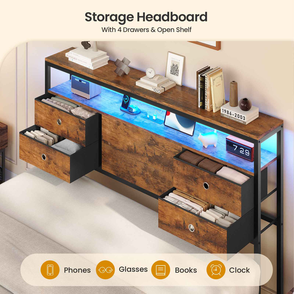 ADORNEVE | Queen Bed Frame with Charging Station and 9 Storage Drawers Metal Platform Storage Bed with 2-Tiers Storage Headboard and LED Lights