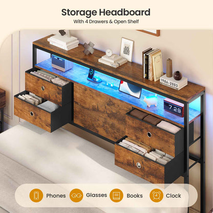 ADORNEVE | Queen Bed Frame with Charging Station and 9 Storage Drawers Metal Platform Storage Bed with 2-Tiers Storage Headboard and LED Lights