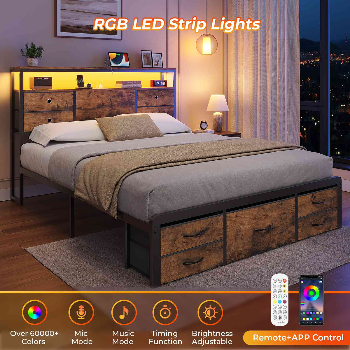 ADORNEVE | Queen Bed Frame with Charging Station and 9 Storage Drawers Metal Platform Storage Bed with 2-Tiers Storage Headboard and LED Lights