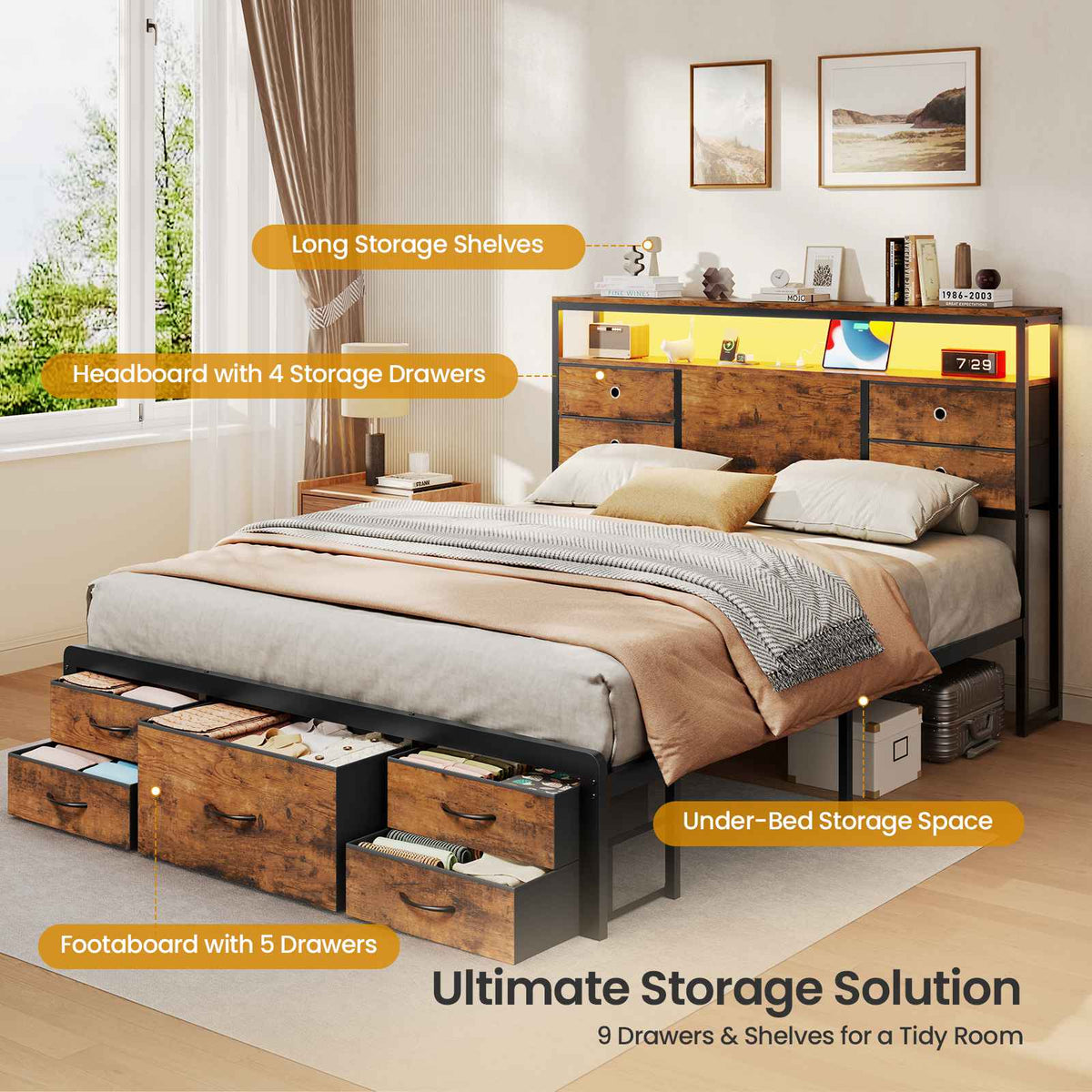 ADORNEVE | Queen Bed Frame with Charging Station and 9 Storage Drawers Metal Platform Storage Bed with 2-Tiers Storage Headboard and LED Lights
