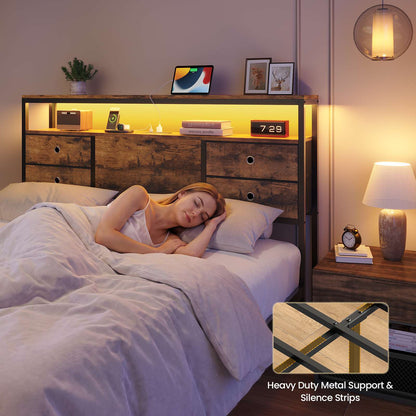 ADORNEVE | Queen Bed Frame with Charging Station and 9 Storage Drawers Metal Platform Storage Bed with 2-Tiers Storage Headboard and LED Lights