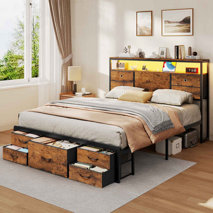 ADORNEVE | Queen Bed Frame with Charging Station and 9 Storage Drawers Metal Platform Storage Bed with 2-Tiers Storage Headboard and LED Lights