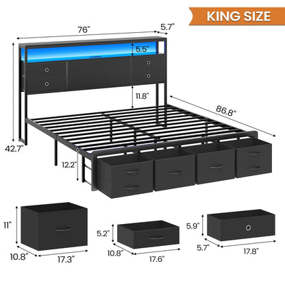 ADORNEVE | King Bed Frame with LED Lights and Charging Station Metal Platform Storage Bed with 10 Storage Drawers and 2-Tiers Storage Headboard