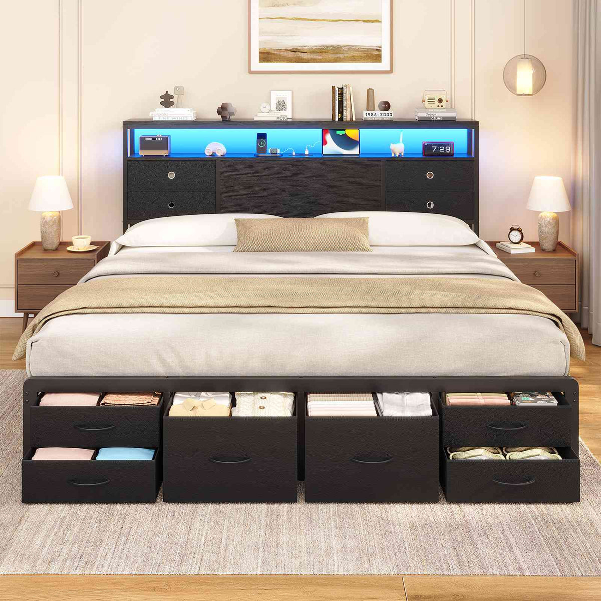 ADORNEVE | King Bed Frame with LED Lights and Charging Station Metal Platform Storage Bed with 10 Storage Drawers and 2-Tiers Storage Headboard