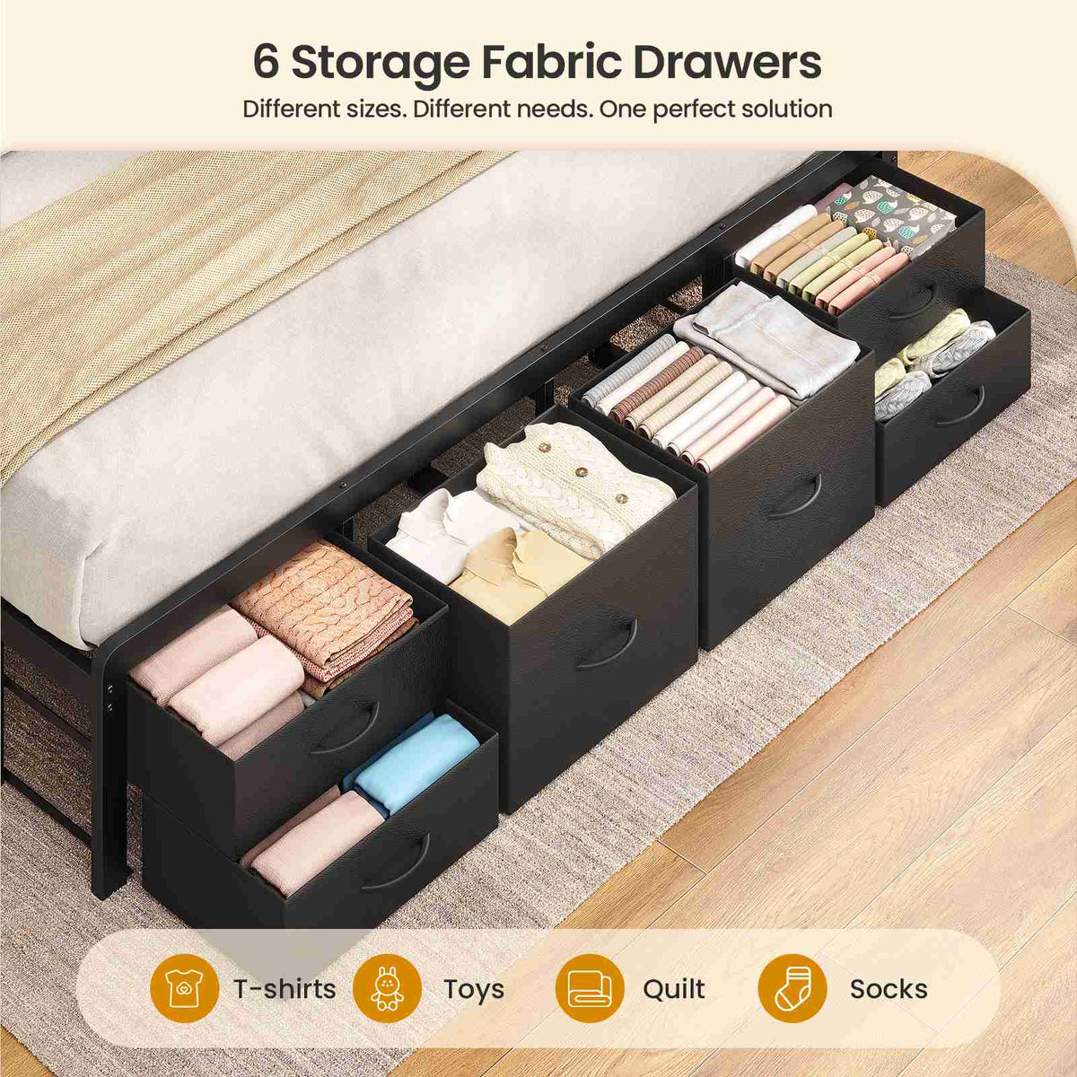 ADORNEVE | King Bed Frame with LED Lights and Charging Station Metal Platform Storage Bed with 10 Storage Drawers and 2-Tiers Storage Headboard