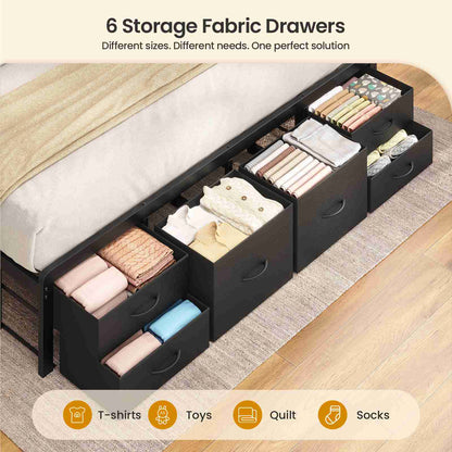 ADORNEVE | King Bed Frame with LED Lights and Charging Station Metal Platform Storage Bed with 10 Storage Drawers and 2-Tiers Storage Headboard