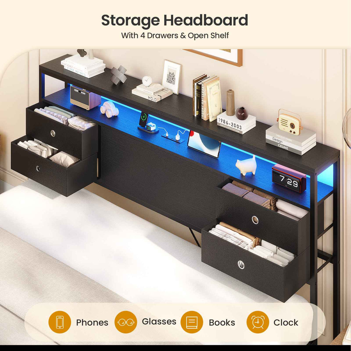 ADORNEVE | King Bed Frame with LED Lights and Charging Station Metal Platform Storage Bed with 10 Storage Drawers and 2-Tiers Storage Headboard