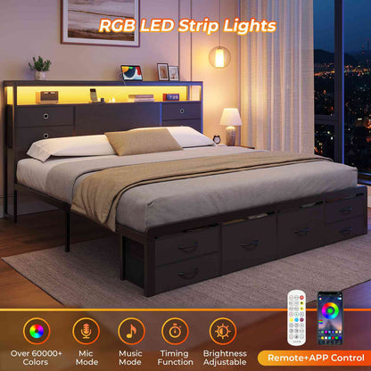 ADORNEVE | King Bed Frame with LED Lights and Charging Station Metal Platform Storage Bed with 10 Storage Drawers and 2-Tiers Storage Headboard
