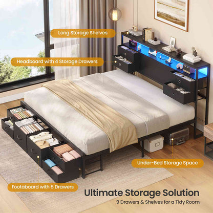 ADORNEVE | King Bed Frame with LED Lights and Charging Station Metal Platform Storage Bed with 10 Storage Drawers and 2-Tiers Storage Headboard