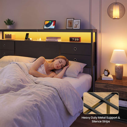 ADORNEVE | King Bed Frame with LED Lights and Charging Station Metal Platform Storage Bed with 10 Storage Drawers and 2-Tiers Storage Headboard