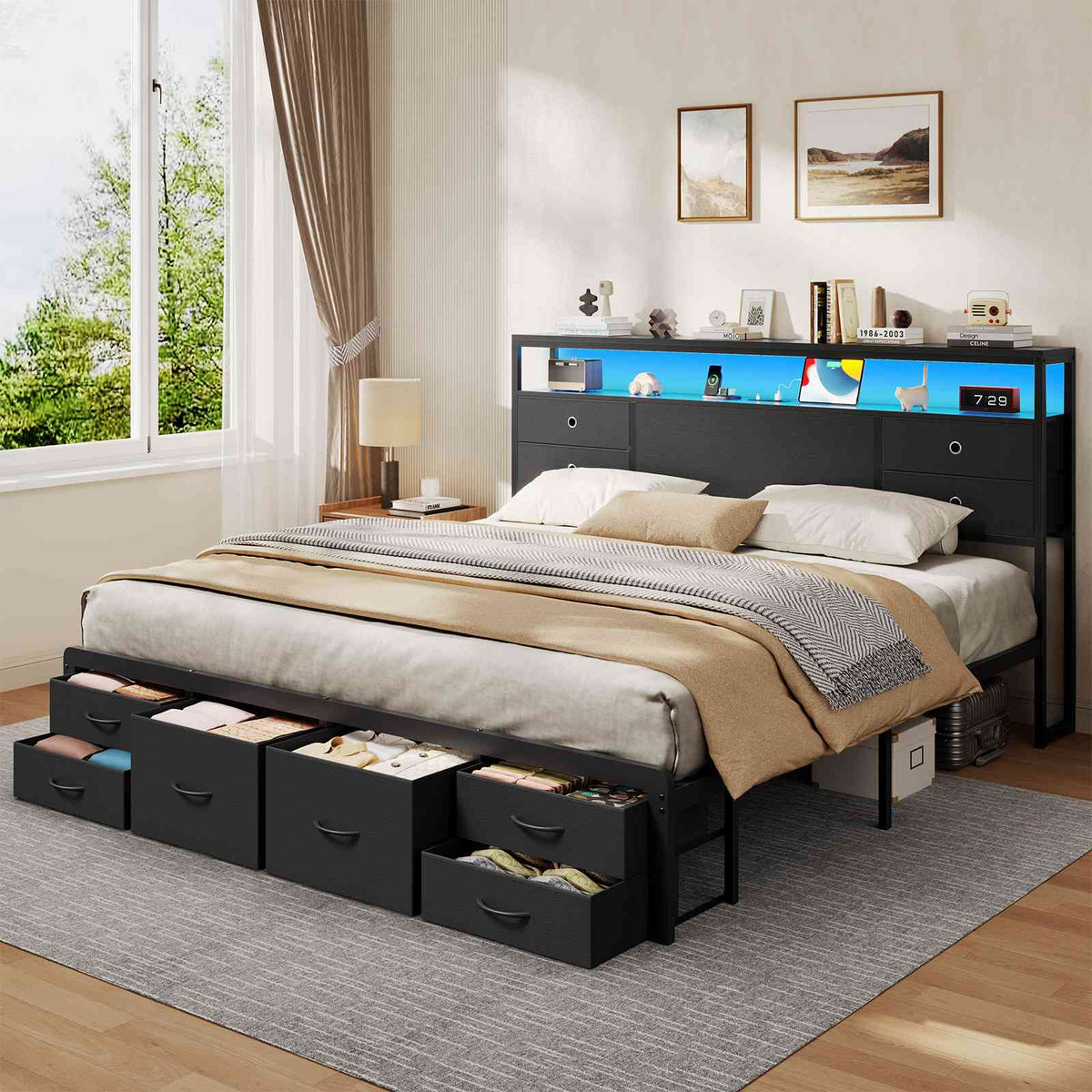 ADORNEVE | King Bed Frame with LED Lights and Charging Station Metal Platform Storage Bed with 10 Storage Drawers and 2-Tiers Storage Headboard