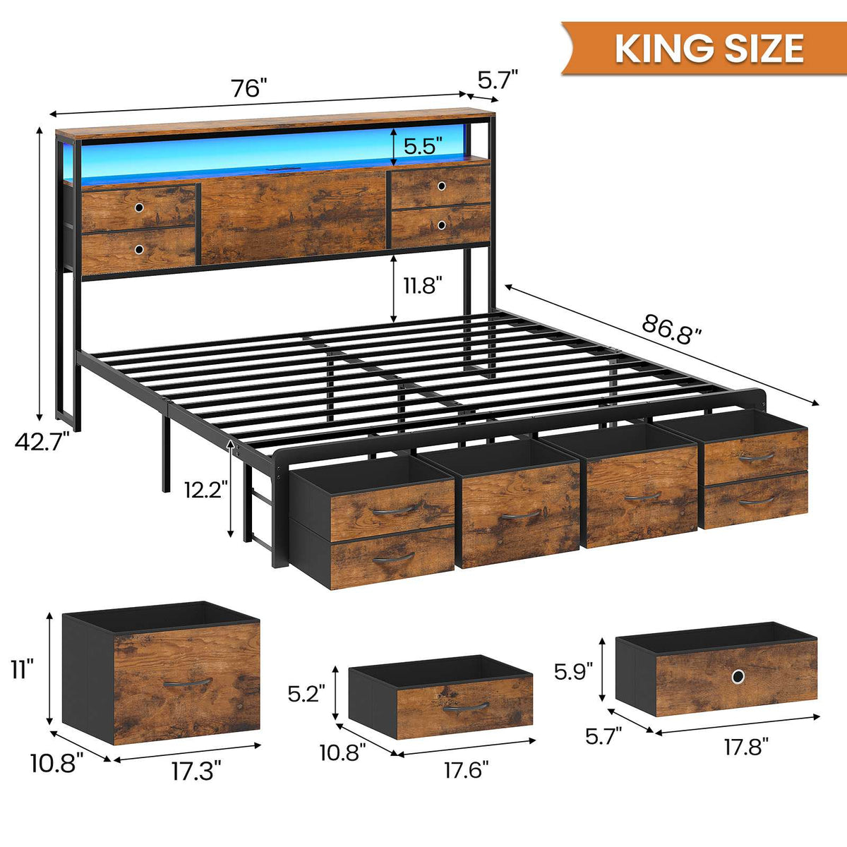 ADORNEVE | King Bed Frame with LED Lights and Charging Station Metal Platform Storage Bed with 10 Storage Drawers and 2-Tiers Storage Headboard
