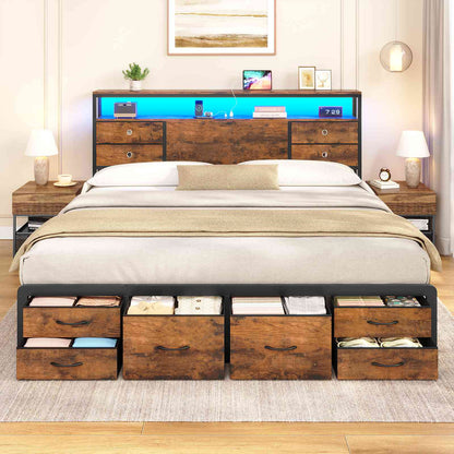 ADORNEVE | King Bed Frame with LED Lights and Charging Station Metal Platform Storage Bed with 10 Storage Drawers and 2-Tiers Storage Headboard