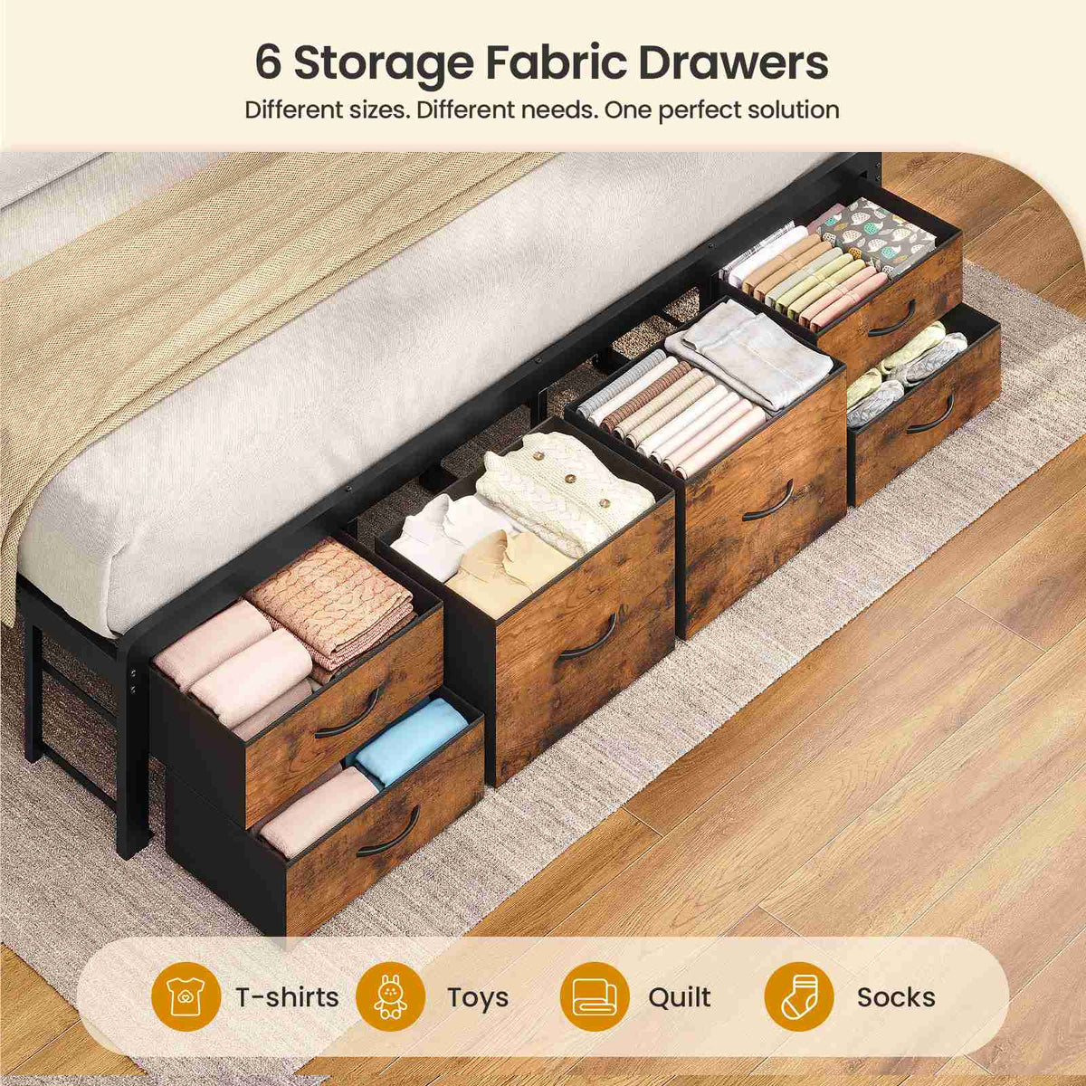 ADORNEVE | King Bed Frame with LED Lights and Charging Station Metal Platform Storage Bed with 10 Storage Drawers and 2-Tiers Storage Headboard