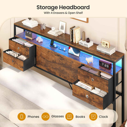 ADORNEVE | King Bed Frame with LED Lights and Charging Station Metal Platform Storage Bed with 10 Storage Drawers and 2-Tiers Storage Headboard