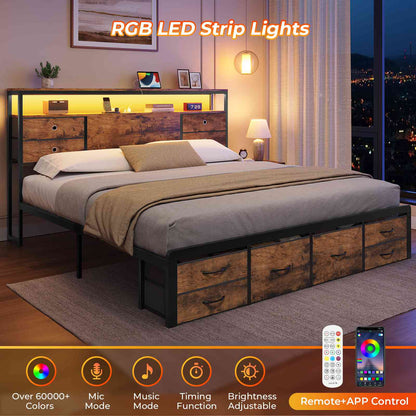ADORNEVE | King Bed Frame with LED Lights and Charging Station Metal Platform Storage Bed with 10 Storage Drawers and 2-Tiers Storage Headboard