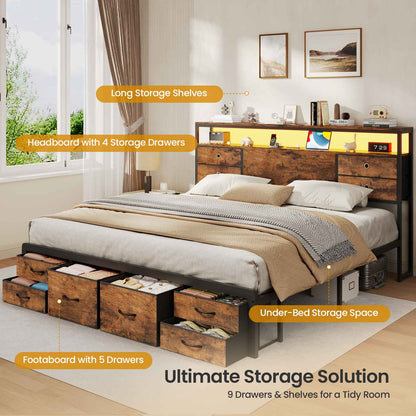 ADORNEVE | King Bed Frame with LED Lights and Charging Station Metal Platform Storage Bed with 10 Storage Drawers and 2-Tiers Storage Headboard