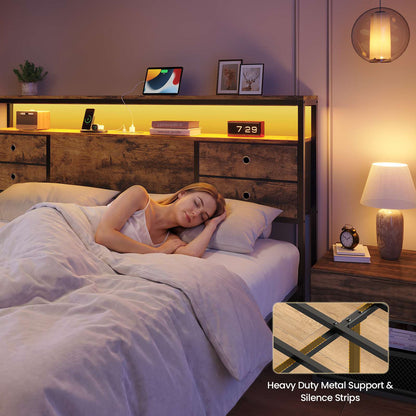 ADORNEVE | King Bed Frame with LED Lights and Charging Station Metal Platform Storage Bed with 10 Storage Drawers and 2-Tiers Storage Headboard