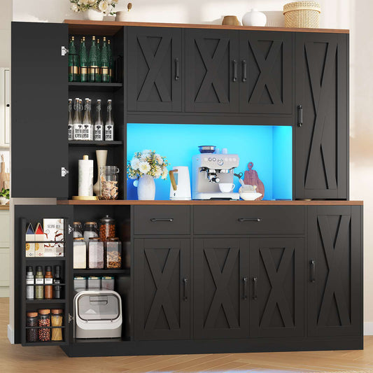 ADORNEVE | 71" Tall Pantry Cabinet with Charging Station and LED Lights 63" Wide Farmhouse Kitchen Hutch with 2 Drawers and 10 Barn Doors