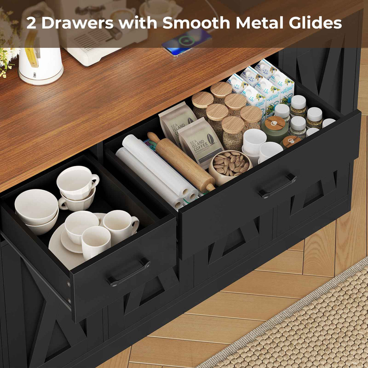 ADORNEVE | 71" Tall Pantry Cabinet with Charging Station and LED Lights 63" Wide Farmhouse Kitchen Hutch with 2 Drawers and 10 Barn Doors