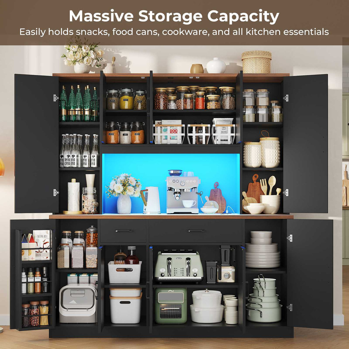 ADORNEVE | 71" Tall Pantry Cabinet with Charging Station and LED Lights 63" Wide Farmhouse Kitchen Hutch with 2 Drawers and 10 Barn Doors
