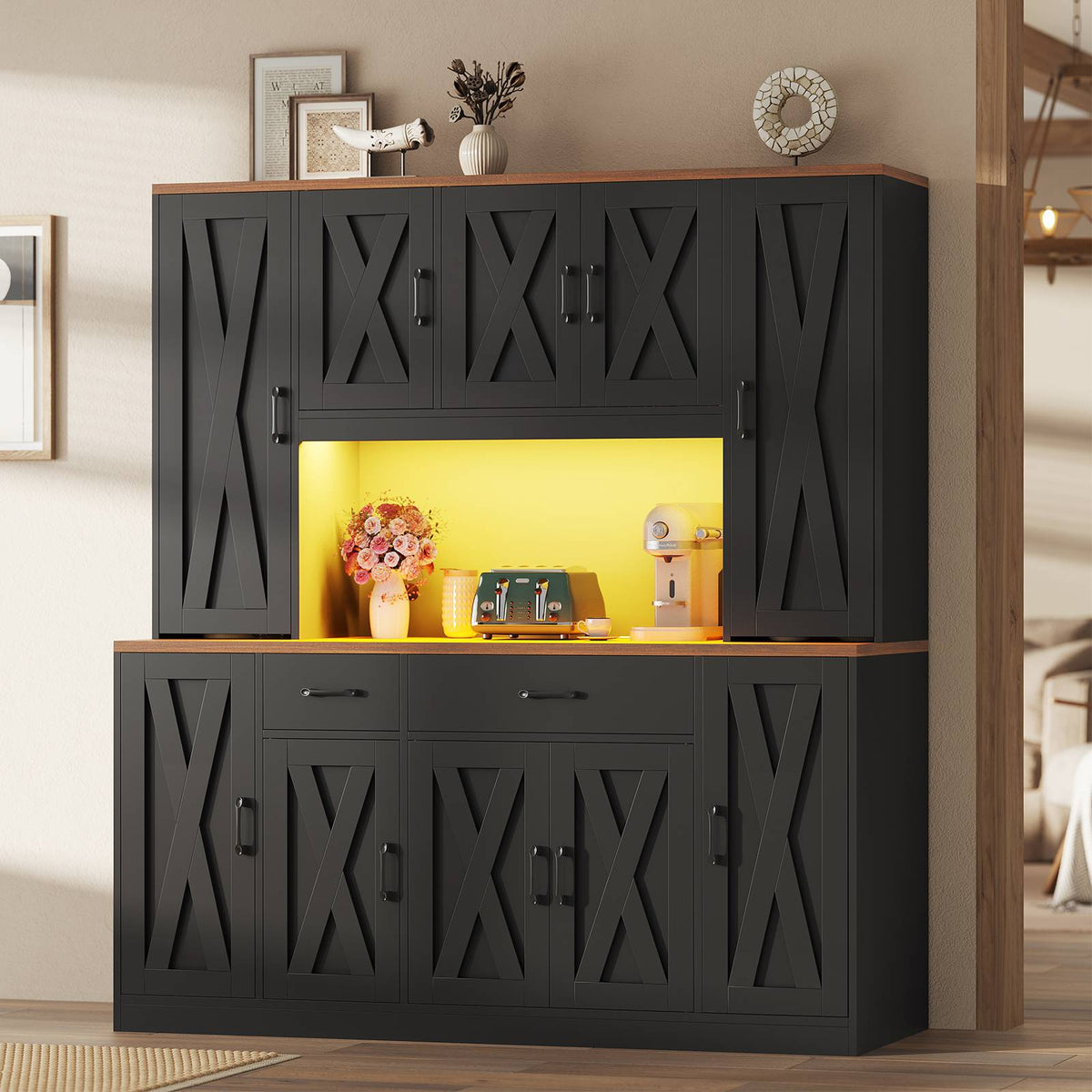 ADORNEVE | 71" Tall Pantry Cabinet with Charging Station and LED Lights 63" Wide Farmhouse Kitchen Hutch with 2 Drawers and 10 Barn Doors