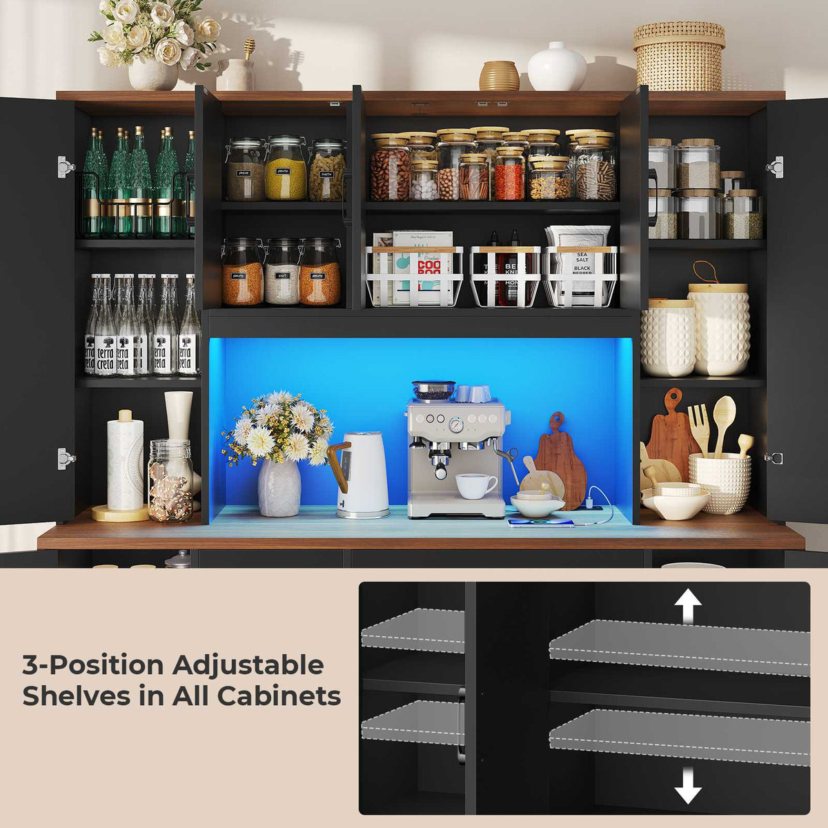 ADORNEVE | 71" Tall Pantry Cabinet with Charging Station and LED Lights 63" Wide Farmhouse Kitchen Hutch with 2 Drawers and 10 Barn Doors