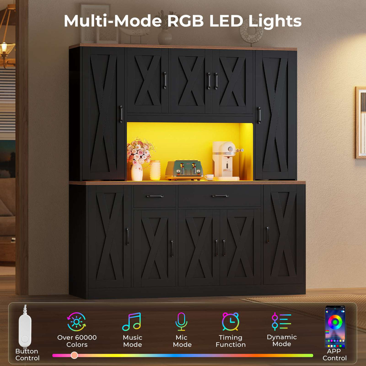 ADORNEVE | 71" Tall Pantry Cabinet with Charging Station and LED Lights 63" Wide Farmhouse Kitchen Hutch with 2 Drawers and 10 Barn Doors