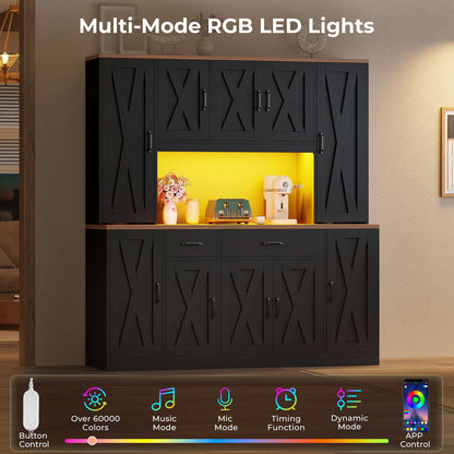 ADORNEVE | 71" Tall Pantry Cabinet with Charging Station and LED Lights 63" Wide Farmhouse Kitchen Hutch with 2 Drawers and 10 Barn Doors