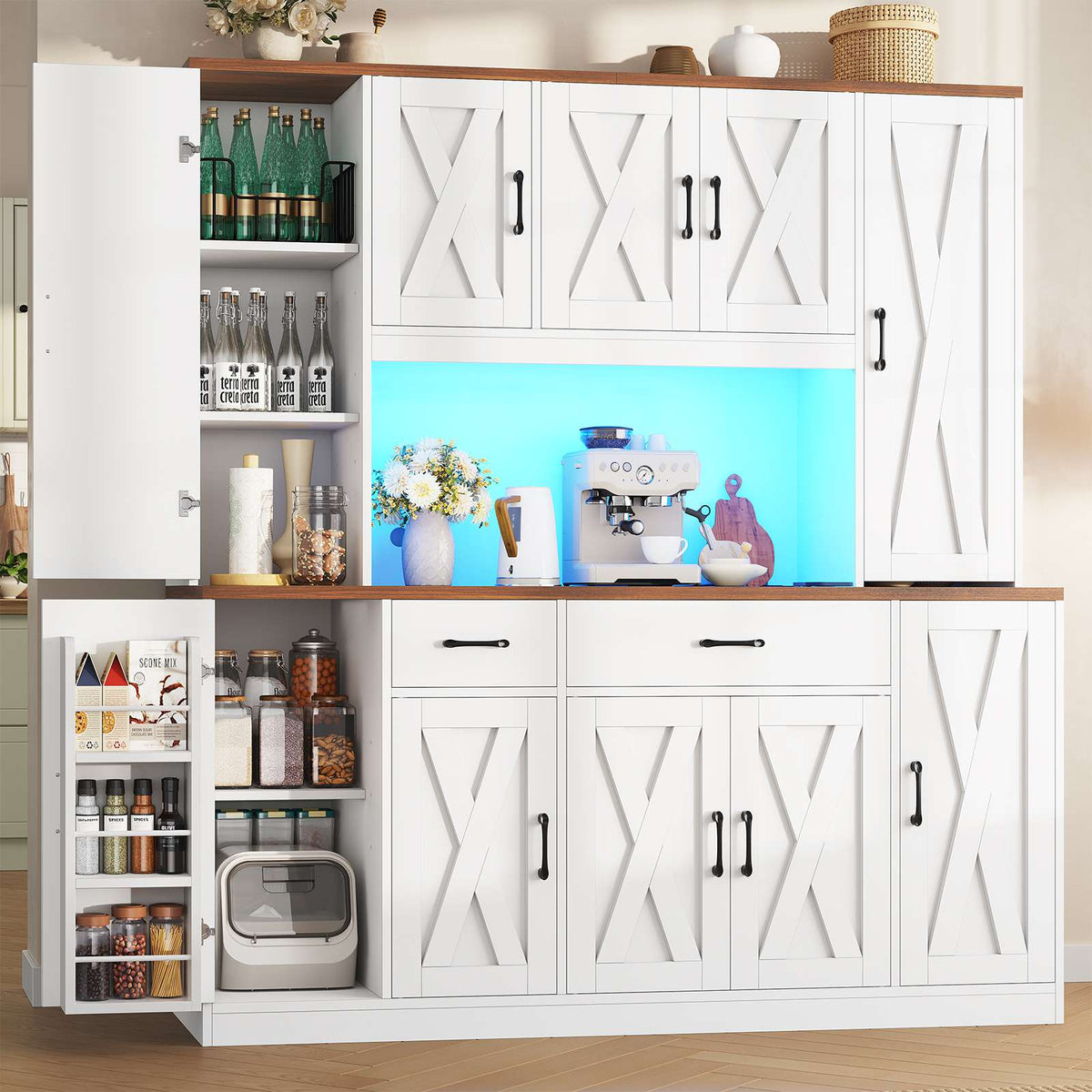 ADORNEVE | 71" Tall Pantry Cabinet with Charging Station and LED Lights 63" Wide Farmhouse Kitchen Hutch with 2 Drawers and 10 Barn Doors