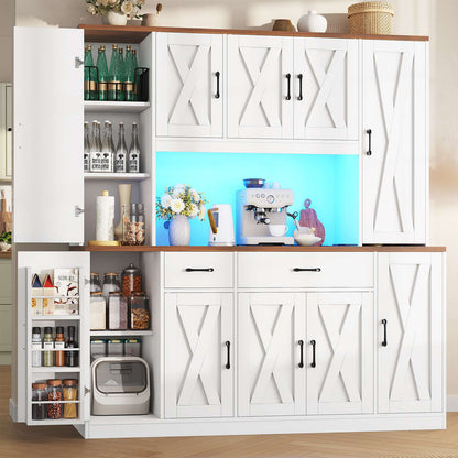 ADORNEVE | 71" Tall Pantry Cabinet with Charging Station and LED Lights 63" Wide Farmhouse Kitchen Hutch with 2 Drawers and 10 Barn Doors