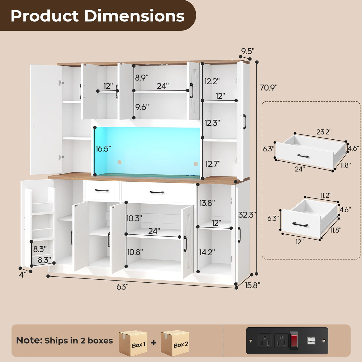 ADORNEVE | 71" Tall Pantry Cabinet with Charging Station and LED Lights 63" Wide Farmhouse Kitchen Hutch with 2 Drawers and 10 Barn Doors