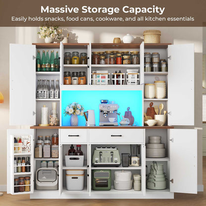 ADORNEVE | 71" Tall Pantry Cabinet with Charging Station and LED Lights 63" Wide Farmhouse Kitchen Hutch with 2 Drawers and 10 Barn Doors