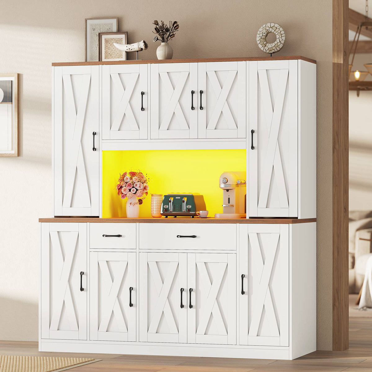 ADORNEVE | 71" Tall Pantry Cabinet with Charging Station and LED Lights 63" Wide Farmhouse Kitchen Hutch with 2 Drawers and 10 Barn Doors
