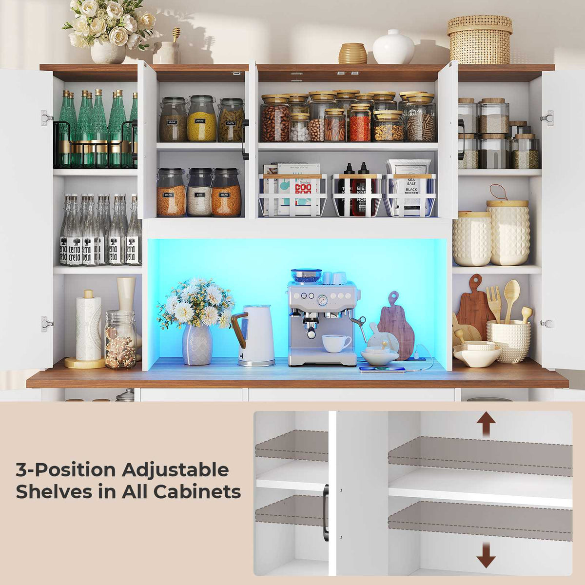 ADORNEVE | 71" Tall Pantry Cabinet with Charging Station and LED Lights 63" Wide Farmhouse Kitchen Hutch with 2 Drawers and 10 Barn Doors