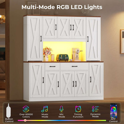 ADORNEVE | 71" Tall Pantry Cabinet with Charging Station and LED Lights 63" Wide Farmhouse Kitchen Hutch with 2 Drawers and 10 Barn Doors
