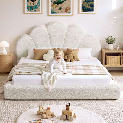 ADORNEVE Upholstered Cloud Full Size Bed Frame with Petal Headboard and 360° Foam Padded Boucle Fabric Kids Montessori Bed with 4.9" Fully Cushioned Foam Soft Rounded Corner