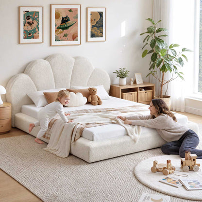 ADORNEVE Upholstered Cloud Full Size Bed Frame with Petal Headboard and 360° Foam Padded Boucle Fabric Kids Montessori Bed with 4.9" Fully Cushioned Foam Soft Rounded Corner