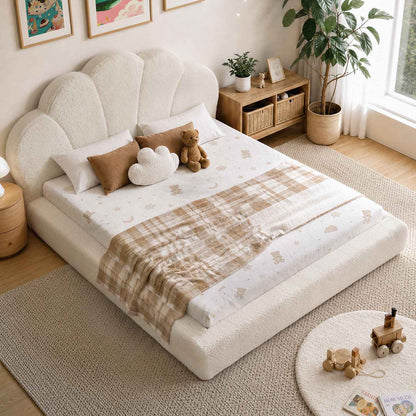 ADORNEVE Upholstered Cloud Full Size Bed Frame with Petal Headboard and 360° Foam Padded Boucle Fabric Kids Montessori Bed with 4.9" Fully Cushioned Foam Soft Rounded Corner
