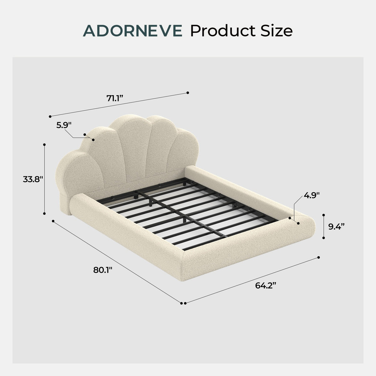 ADORNEVE Upholstered Cloud Full Size Bed Frame with Petal Headboard and 360° Foam Padded Boucle Fabric Kids Montessori Bed with 4.9" Fully Cushioned Foam Soft Rounded Corner