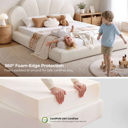 ADORNEVE Upholstered Cloud Full Size Bed Frame with Petal Headboard and 360° Foam Padded Boucle Fabric Kids Montessori Bed with 4.9" Fully Cushioned Foam Soft Rounded Corner