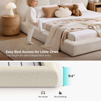 ADORNEVE Upholstered Cloud Full Size Bed Frame with Petal Headboard and 360° Foam Padded Boucle Fabric Kids Montessori Bed with 4.9" Fully Cushioned Foam Soft Rounded Corner