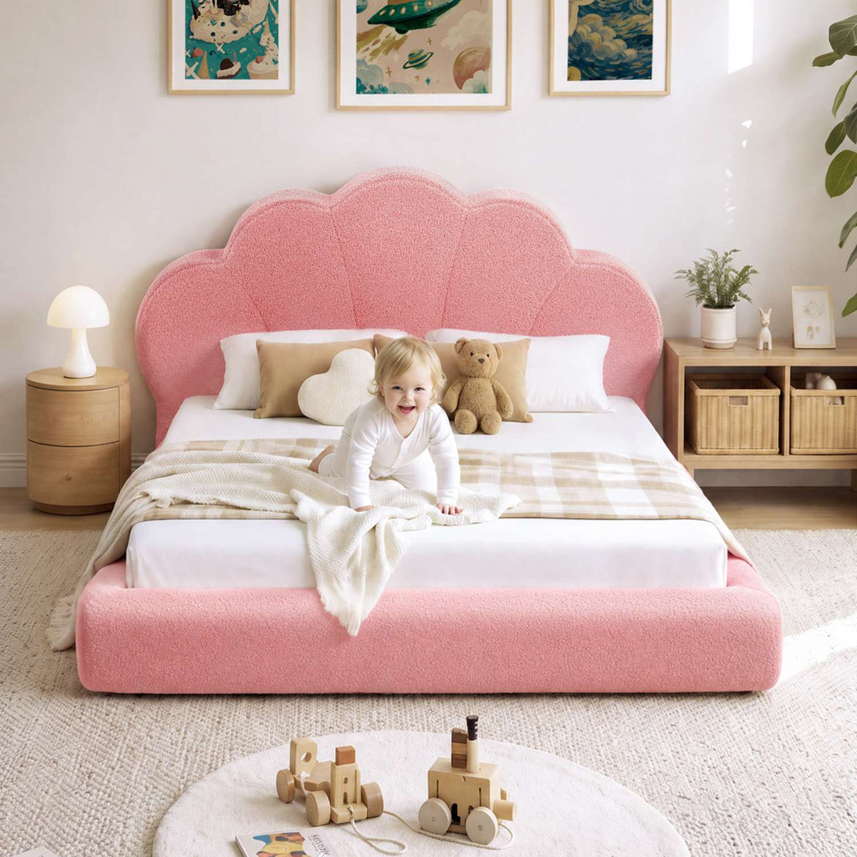 ADORNEVE Upholstered Cloud Bed Frame Twin Size with Petal Headboard and 360° Foam Padded Boucle Fabric Kids Montessori Bed with 4.9" Fully Cushioned Foam Soft Rounded Corner