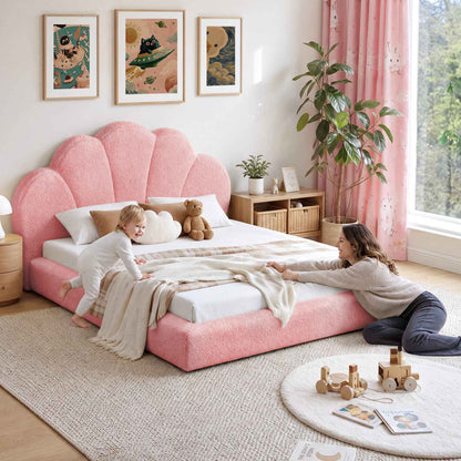 ADORNEVE Upholstered Cloud Bed Frame Twin Size with Petal Headboard and 360° Foam Padded Boucle Fabric Kids Montessori Bed with 4.9" Fully Cushioned Foam Soft Rounded Corner