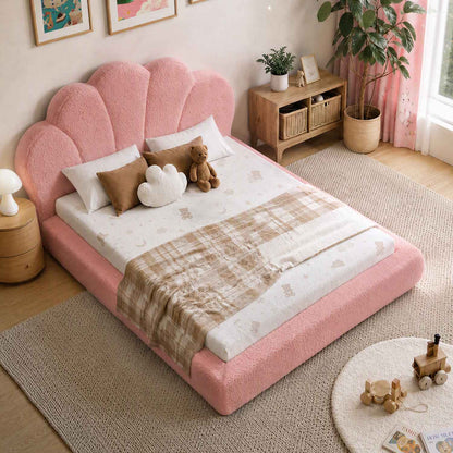 ADORNEVE Upholstered Cloud Bed Frame Twin Size with Petal Headboard and 360° Foam Padded Boucle Fabric Kids Montessori Bed with 4.9" Fully Cushioned Foam Soft Rounded Corner